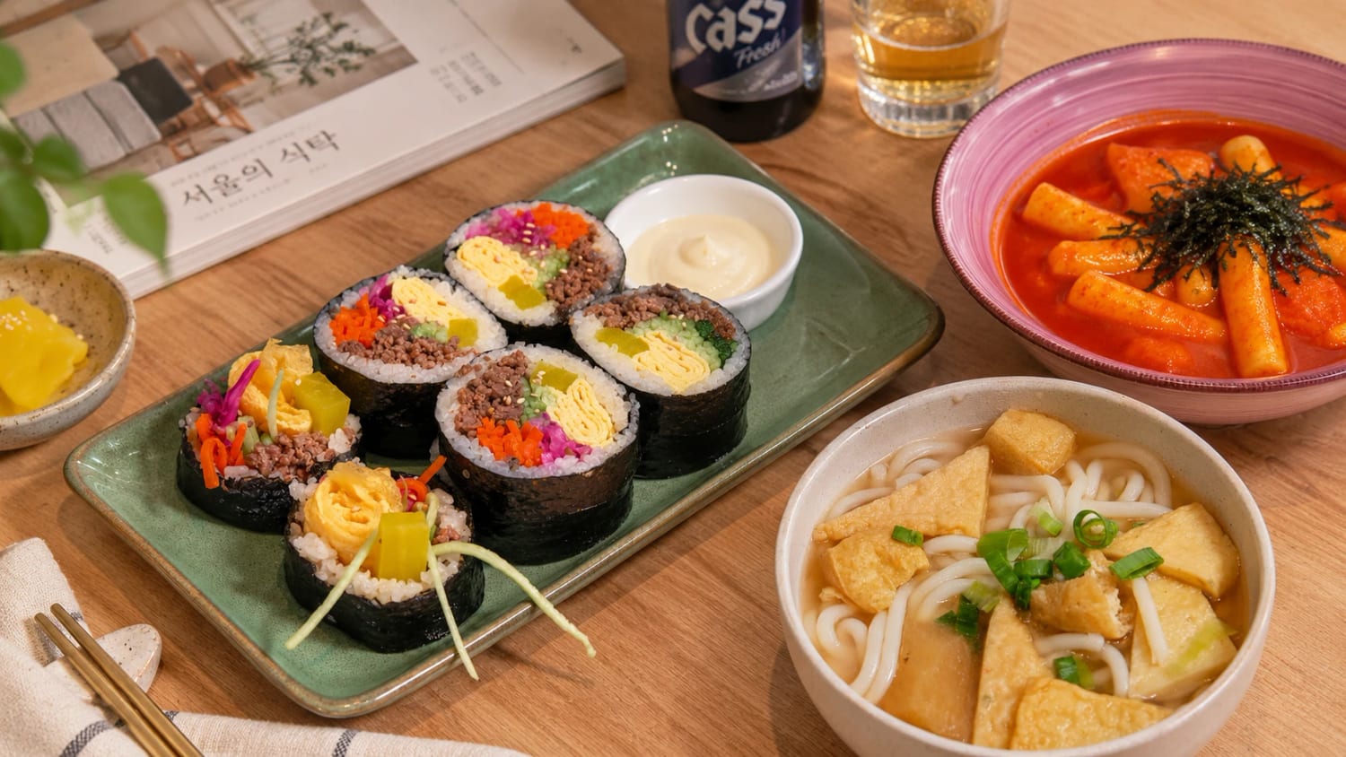 Platter of assorted kimbap with tteokbokki and a bowl of udon with fried tofu, on a wooden table
